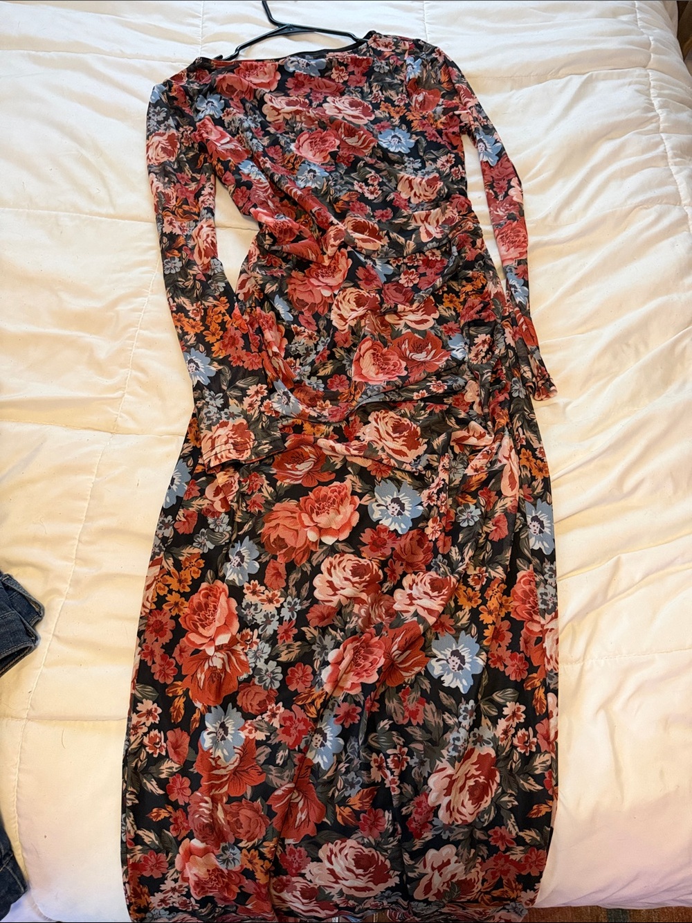 Long Sleeve Floral Midi Dress in Black with Red & Pink Blooms
